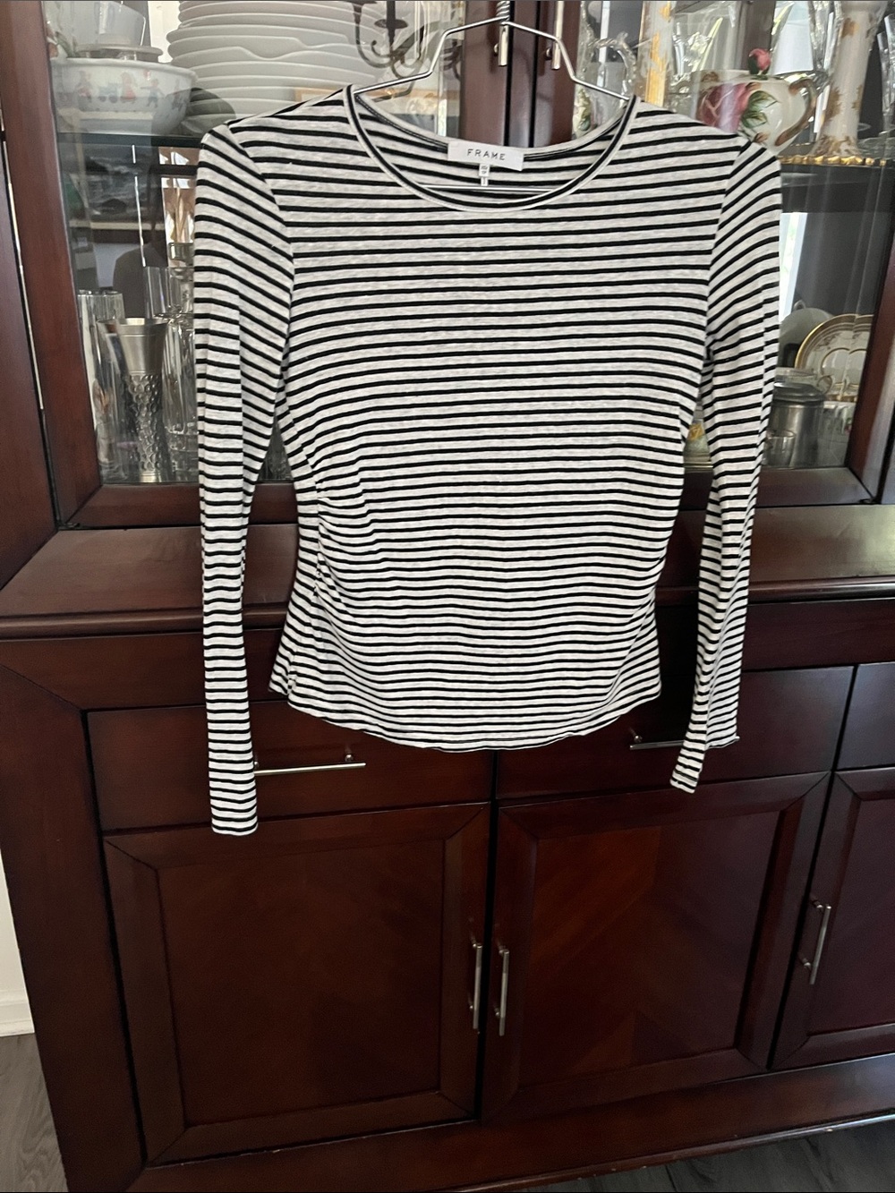 Frame Denim Black and White Striped Long Sleeve Crewneck Tee
